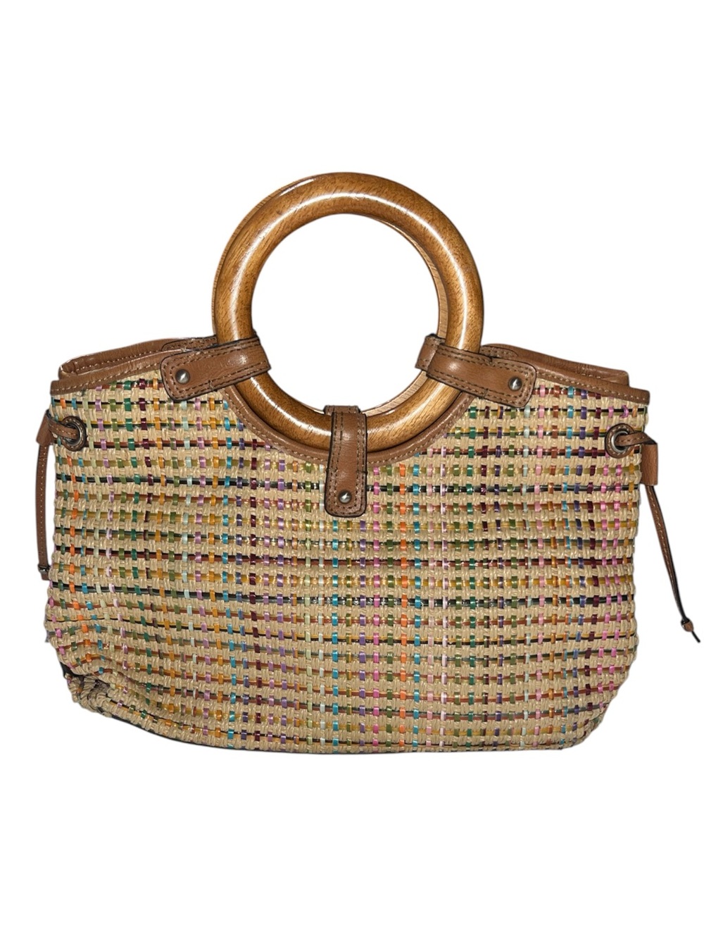 Vintage Fossil Woven Straw Tote with Wooden Handles - Multicolor